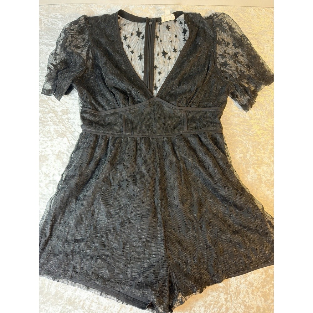 Lelis Black Star Mesh Romper Women's Medium Puff Sleeve Celestial‎ Festival